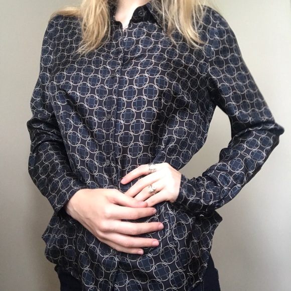 Ann Taylor silk button up navy blouse - Picture 2 of 7